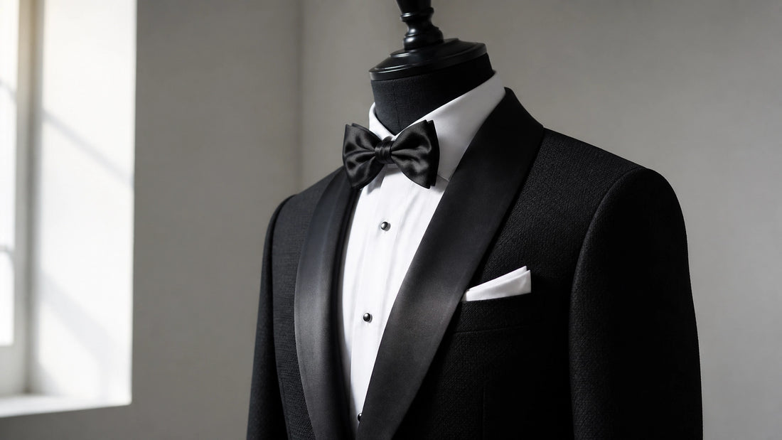 A high-quality modern black tuxedo on a minimalist background