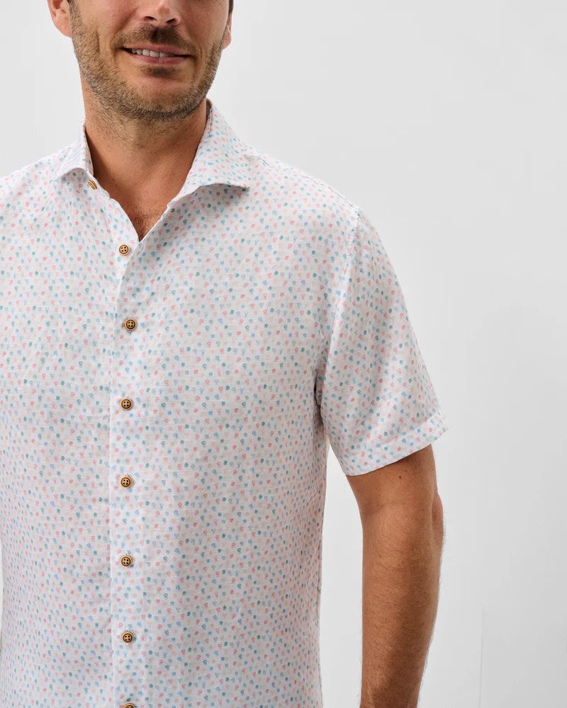 Linen Blend Short Sleeve Button Down Shirt - Cash Bar Print