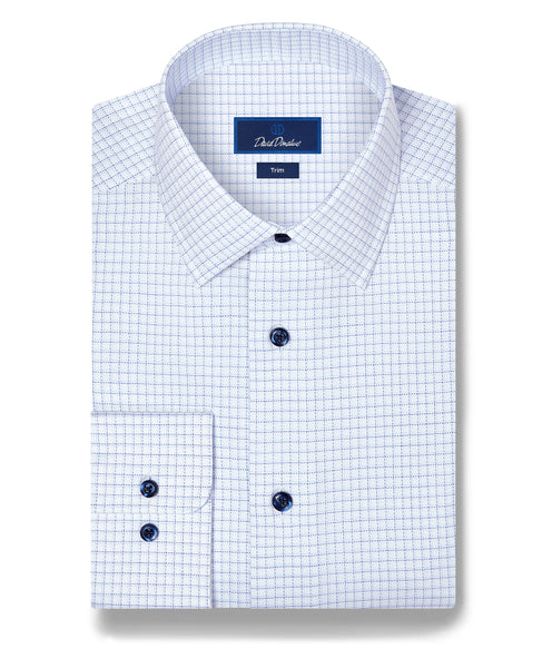 White & Blue Twill Check Stretch Dress Shirt